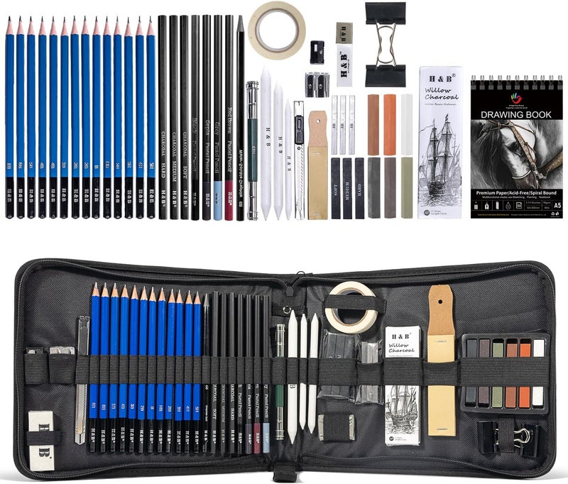 hb+ 50 Pack Drawing Set Sketching Kit, Pro Art Supplies with 3-Color Sketchbook, Include Colored, Graphite, Charcoal, Watercolor & Metallic Pencil, for Artists Adults Beginner - Image 1